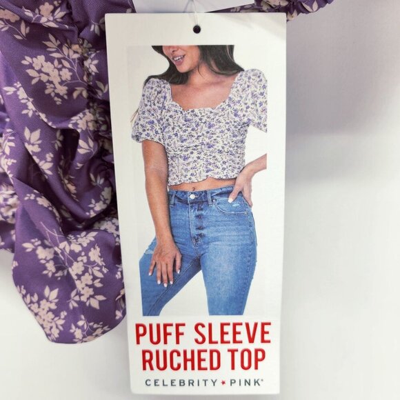 Celebrity Pink Purple Floral Puff Sleeve Ruched Top Womens Cropped Blouse Size M - Picture 4 of 9